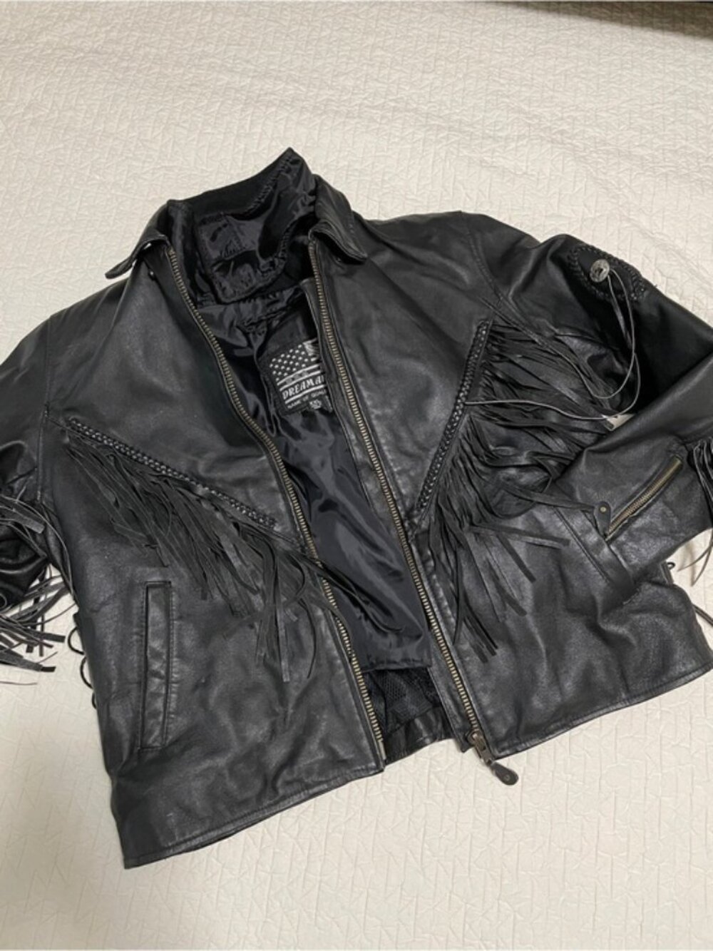 USA Bikers Dream Apparel Black Leather Fringe Biker Jacket